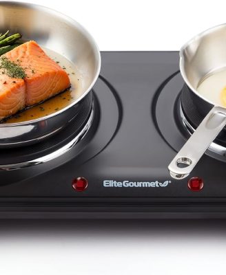 Elite Gourmet EDB-302BF# Countertop Double Cast Iron Burner, 1500 Watts Electric Hot Plate, Temperature Controls, Power Indicator Lights, Easy to Clean, Black