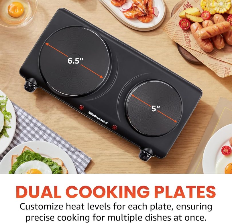 Elite Gourmet EDB-302BF# Countertop Double Cast Iron Burner, 1500 Watts Electric Hot Plate, Temperature Controls, Power Indicator Lights, Easy to Clean, Black - Image 3