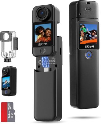 SJCAM C300 Pocket Action Camera 4K,7Hour Power, 6-Axis Stabilization, Dual-Touch Screen Body Camera,30M Waterproof,Vlogging and YouTube Live Streaming,with Accessories Kits,Black,Gifts with 64G Card